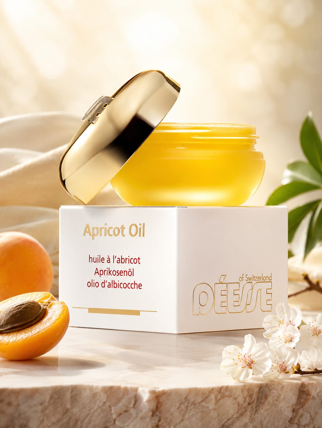 Pot ouvert de l'huile à l'abricot L'Or de Déesse, entourée d'abricots frais