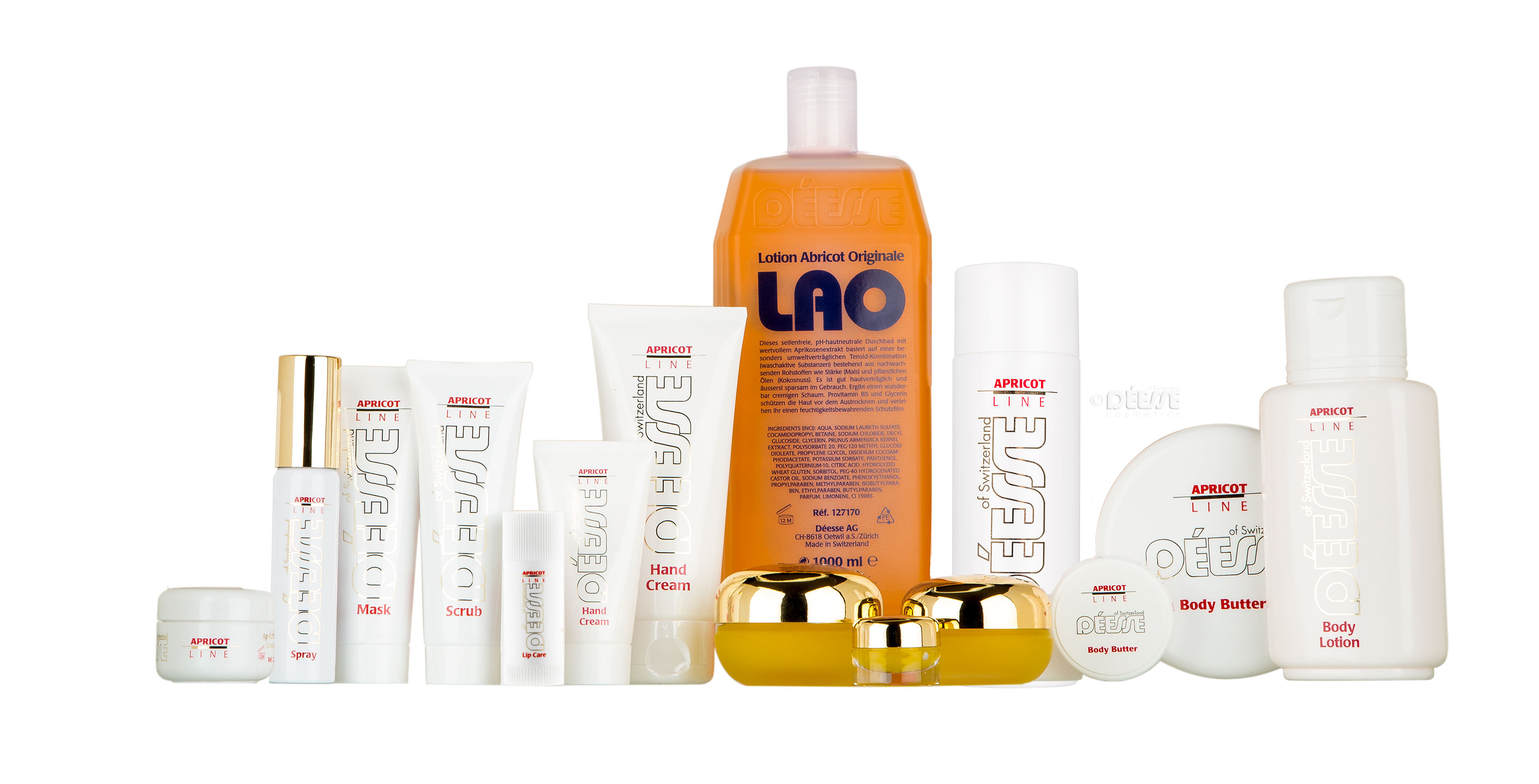 Gamme de soins à l'abricot Déesse : masque, gommage, crème mains, lotion